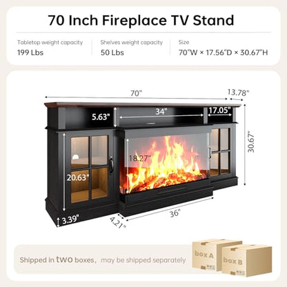 70" Fireplace TV Stand,3-Sided Glass Electric Fireplace, Black, view 3