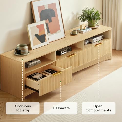 Fluted TV Stand for 65 inch TV, Modern Entertainment Center with Drawers, Boho TV Stands Wood Media Console Cabinet with Storage and Shelves, TV Consoles for Living Room, Bedroom, Oak