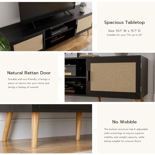 TV Stand with Rattan Doors for TVs up to 65", Mid-Century, Black, view 5