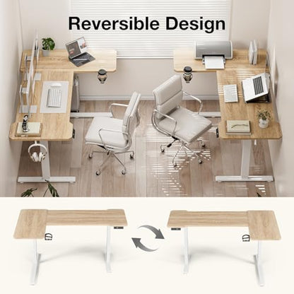 L Shaped Electric Standing Desk - 51x31.5 Inch Reversible Corner Sit Stand Desk with Hook&Cup Holder,Electric Height Adjustable Table,for Small Home Office&Bedroom Computer Desk, Oak