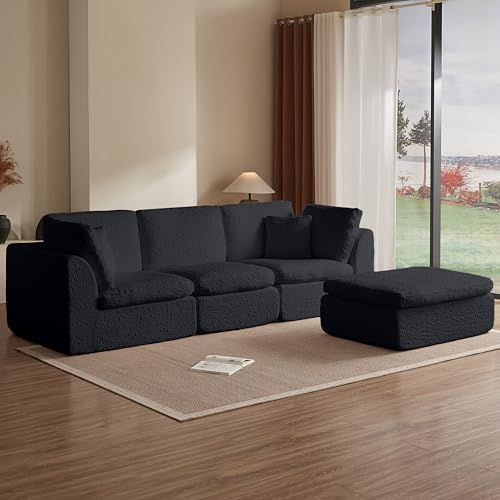 110" Cloud Sectional Couches for Living Room, Convertible L Shape Couch with Ottoman, 3 Seater Modular Sectional Sofa, Black