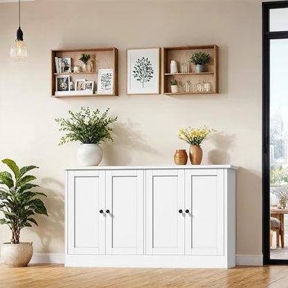 White Buffet Cabinet with Storage, 49" Modern Kitchen Sideboard with 4 Doors & Adjustable Shelves, Wood Coffee Bar Cabinet Console Table for Dining Room, Living Room, Entryway