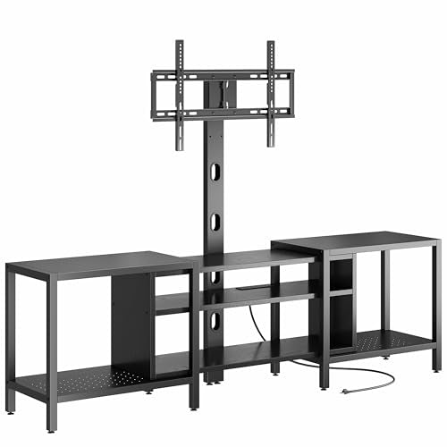79 Inch TV Stand for TVs up to 85 Inch with Mount and Power Outlet, 3 Tiers TV Console with Storage Shelves, Entertainment Center, Steel Frame, for Living Room, Bedroom, Black