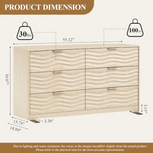 55" Wide Coastline Fluted 6 Drawers Dresser for Bedroom,Natural, view 3