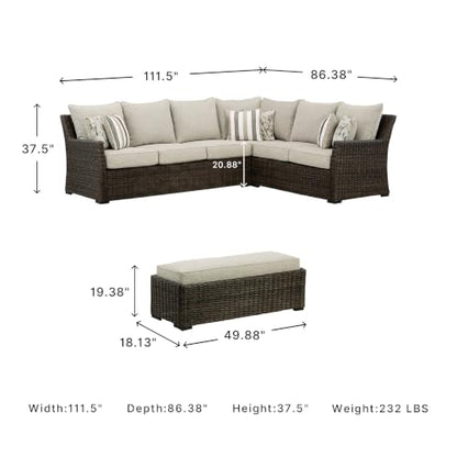 Signature Design by Ashley Brook Ranch Outdoor Sectional, All‑Weather Resin Wicker Patio Furniture With High‑Performance Cushions, Durable Aluminum Frame, Neutral