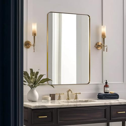 Gold Bathroom Mirror, 24x36 Brushed Brass Rectangle Metal Frame Mirror for Bathroom, Modern Rectangular Wall Mounted Mirror for Vanity
