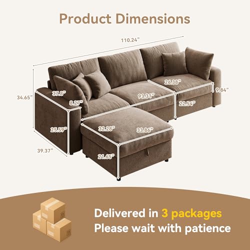 110” Cloud Sectional Couches for Living Room, Modular Sectional Sofa with Deep Seat, Convertible L-Shape Couch with Storage Ottoman for Bedroom Apartment, Chenille (Brown)