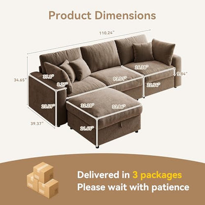 110” Cloud Sectional Couches for Living Room, Modular Sectional Sofa with Deep Seat, Convertible L-Shape Couch with Storage Ottoman for Bedroom Apartment, Chenille (Brown)
