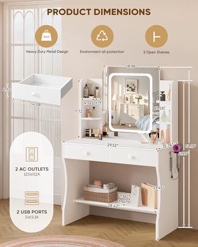 29.5" White Small Makeup Vanity Desk with Power Outlet & Mirror, view 5