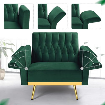 Velvet Accent Chair with Adjustable Armrests and Backrest, Button Tufted Lounge Chair, Single Recliner Armchair with Ottoman and Pillow for Living Room, Bedroom, Green