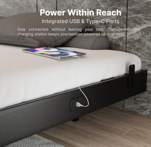HIAIIAIH King Size Floating Bed Frame with Smart LED Lights& Charging Station, view 5