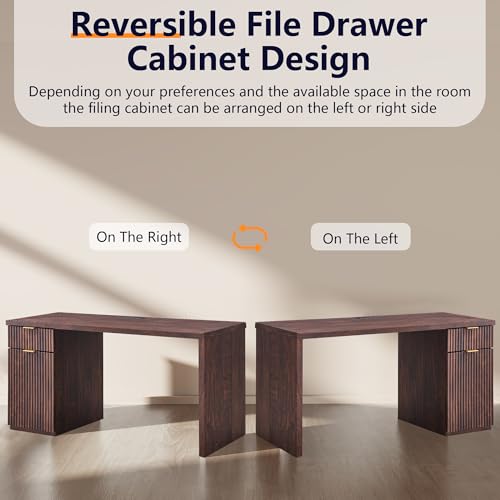 60" Modern Executive Desk with Storage, Wood Home Office Desk with Drawer & Cabinet, Fluted Computer Writing Desk for Study, Living Room, Bedroom, Dark Walnut