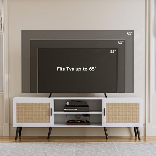 TV Stand with Rattan Doors for TVs up to 65", Mid-Century, White, view 4