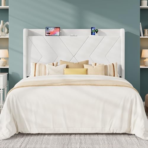 Queen Size Velvet Bed Frame with Charging and Shelf, White, view 4