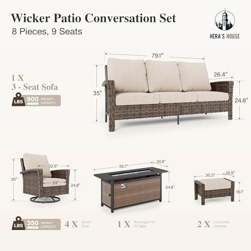 8-Piece Patio Furniture Set with Outdoor Swivel Chairs & Fire Pit Table, High Back Wicker Conversation Sets with 5.5" Thick Cushions, All-Weather Deep Seating Sofa with Ottomans, Beige