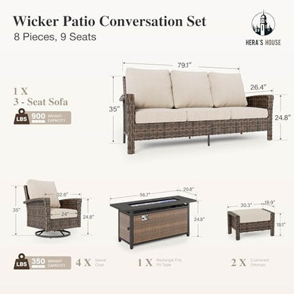 8-Piece Patio Furniture Set with Outdoor Swivel Chairs & Fire Pit Table, High Back Wicker Conversation Sets with 5.5" Thick Cushions, All-Weather Deep Seating Sofa with Ottomans, Beige