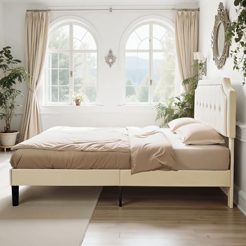 Queen Size Platform Bed Frame with Fabric Upholstered Headboard and Wooden, view 5