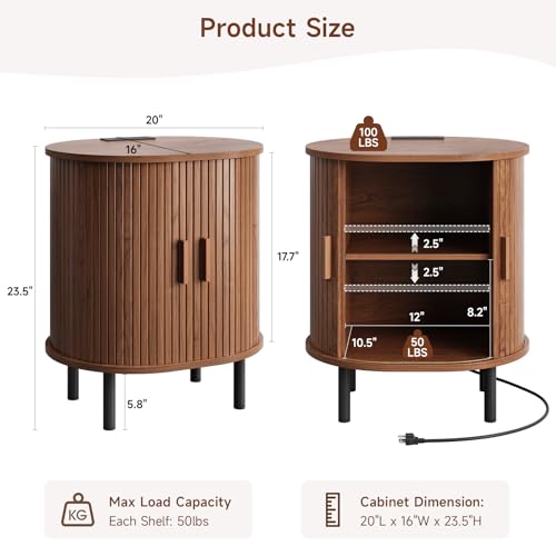 Oval End Table with Storage & Charging Station, Fluted Accent Side Table with Sliding Door & Adjustable Shelf, Mid-Century Modern Nightstand Set of 2 for Living Room, Bedroom, Walnut(2-Pack)