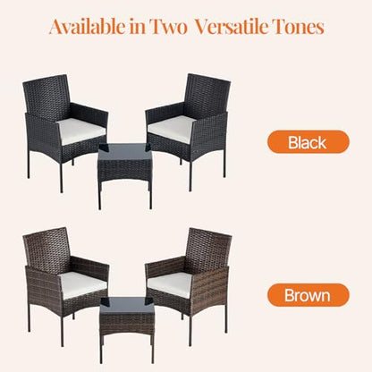 3 Piece Patio Furniture Set, All-Weather Outdoor Conversation with Removable Cushions & Tempered Glass Table, Small Wicker Bistro Set for Balcony, Porch, Backyard, Deck, Black