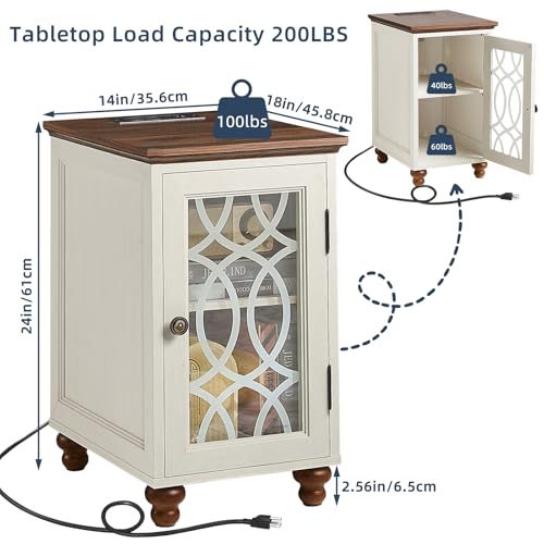 Narrow Side Table with Charging Station, Night Stand with Glass Door, Bedside End Tables with Adjustable Shelf Storage Cabinet,Wood Nightstand for Small Spaces Living Room Bedroom