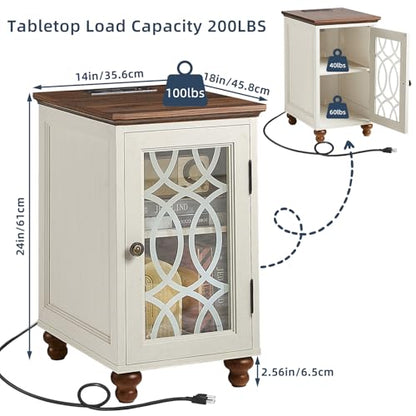 Narrow Side Table with Charging Station, Night Stand with Glass Door, Bedside End Tables with Adjustable Shelf Storage Cabinet,Wood Nightstand for Small Spaces Living Room Bedroom