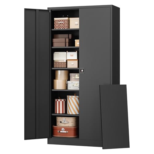 Metal Garage Storage Cabinet with Lock, 71" Locking Tool Cabinet with 2 Doors and 5 Adjustable Shelves, Tall Steel Cabinet Garage for Home,Office,Warehouse，School (Black)