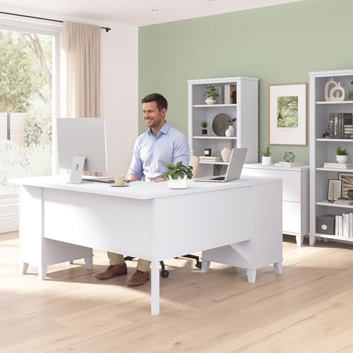 60-Inch L-Shaped Desk with Storage, Corner Computer Office Desk with Drawers and Storage Cabinet, Home Office Furniture, Somerset Collection, White