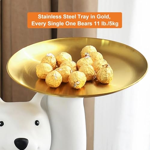 White Bear Side Table with 2-Tier Gold Trays, Modern Animal Sculpture End Table, Decorative Accent Table for Living Room, Bedroom, Nursery & Home Décor
