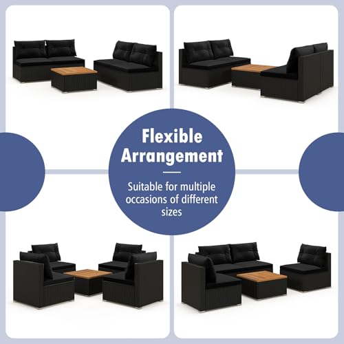 5 Pieces Wicker Patio Furniture Set, Outdoor 4 Armless Rattan Sofa & Coffee Table Set, with Cushions, Acacia Wood Tabletop, Sectional Patio Conversation Set for Lawn, Yard, Poolside, Black
