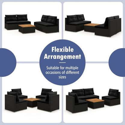 5 Pieces Wicker Patio Furniture Set, Outdoor 4 Armless Rattan Sofa & Coffee Table Set, with Cushions, Acacia Wood Tabletop, Sectional Patio Conversation Set for Lawn, Yard, Poolside, Black