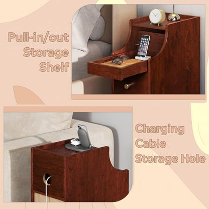 Small Nightstand with Drawers, Narrow Bedside Tables with Open Shelf & Cable Hole, Narrow Nightstand for Bedroom, Modern Storage Cabinet for Small Spaces/Living Room, Cherry