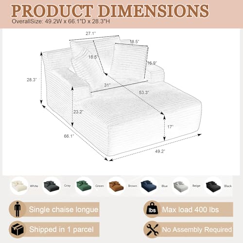 50" W Oversized Chaise Lounge Chair Indoor, Upholstered Corduroy Sofa Bed with Arm & 3 Pillows, Deep Seat Boneless Cloud Couch, Reading Chairs for Living Room,No Assembly Required, Pink