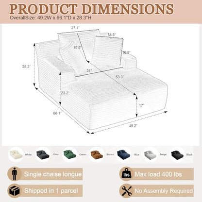 50" W Oversized Chaise Lounge Chair Indoor, Upholstered Corduroy Sofa Bed with Arm & 3 Pillows, Deep Seat Boneless Cloud Couch, Reading Chairs for Living Room,No Assembly Required, Pink