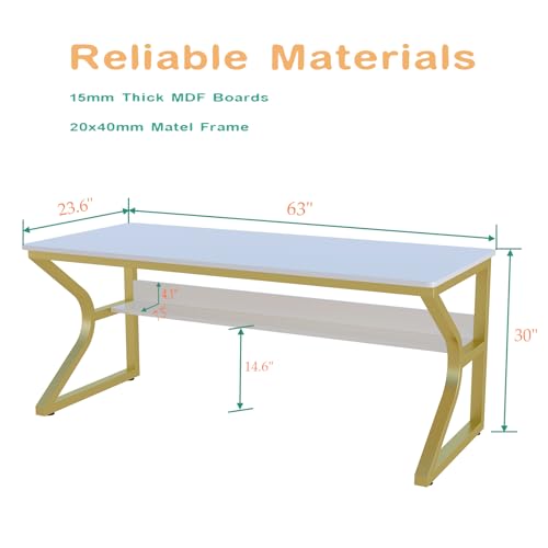 Extra Long Desk with Bookshelf - 63" Double Long Writing Table for 2-Person Workstation, Modern Study Work Computer Desk for Home and Office, Gold