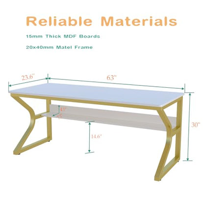 Extra Long Desk with Bookshelf - 63" Double Long Writing Table for 2-Person Workstation, Modern Study Work Computer Desk for Home and Office, Gold