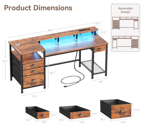 60" Computer Desk with 4 Drawers, Power Outlet, LED, Rustic Brown, view 4