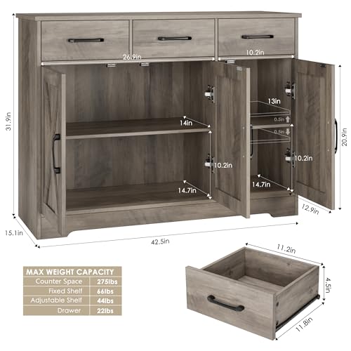 Modern Farmhouse Buffet Sideboard Cabinet, Barn Doors Storage Cabinet with Drawers and Shelves, Wood Coffee Bar with Storage for Dining Room, Kitchen, Living Room, Ash Grey