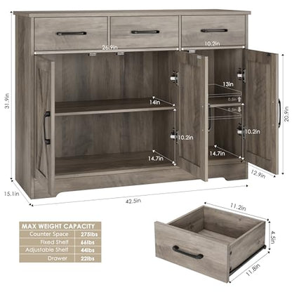 Modern Farmhouse Buffet Sideboard Cabinet, Barn Doors Storage Cabinet with Drawers and Shelves, Wood Coffee Bar with Storage for Dining Room, Kitchen, Living Room, Ash Grey