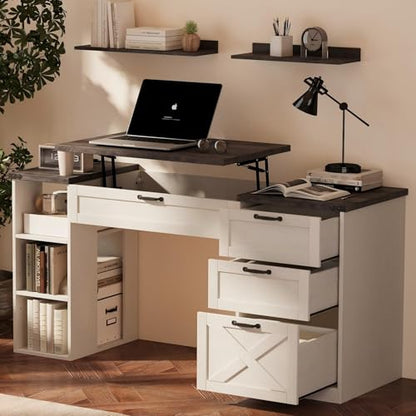 Farmhouse Lift Top Desk: Rustic Wood Standing Desk with 3 Drawers & Open Storage Shelves, Adjustable Height, White & Brown Home Office Computer Desk for Work, Study, Writing (White+Dark Walnut)