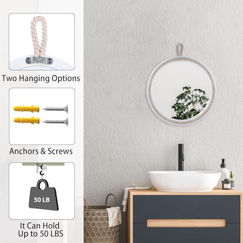 Small Decorative Mirror 11.4'' Round Hanging Mirror for Wall Nautical Rope Mirror for Bathroom Office Living Room All Occasions, White Accent 2