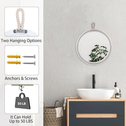 Small Decorative Mirror 11.4'' Round Hanging Mirror for Wall Nautical Rope Mirror for Bathroom Office Living Room All Occasions, White Accent 2