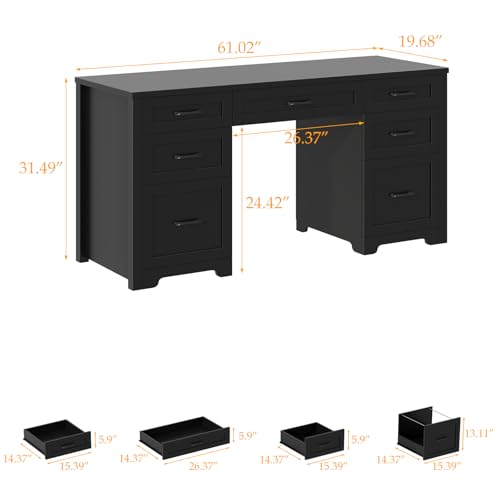 Farmhouse 61'' Executive Desk with 7 Drawers, Rustic Office Desk Computer Table with File Drawers, Wood Workstation for Study and Home Office,Pure Black