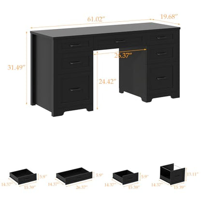 Farmhouse 61'' Executive Desk with 7 Drawers, Rustic Office Desk Computer Table with File Drawers, Wood Workstation for Study and Home Office,Pure Black