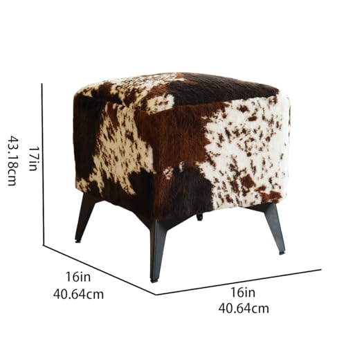 Faux Cowhide Ottoman, Upholstered Foot Stool - 16 x 16 x 17 Inches, Cube Footrest with Solid Metal Legs for Living Room, Bedroom & Entryway(Tricolor)