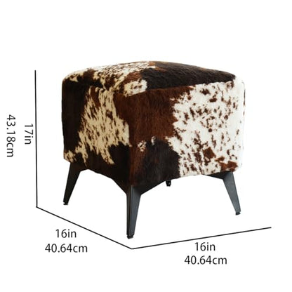 Faux Cowhide Ottoman, Upholstered Foot Stool - 16 x 16 x 17 Inches, Cube Footrest with Solid Metal Legs for Living Room, Bedroom & Entryway(Tricolor)