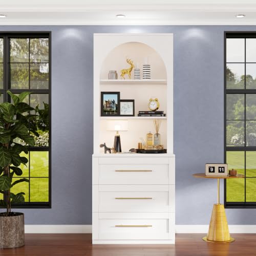 Westcity Arched Bookshelf Tall Storage Cabinet with 3 Drawers and Open Shelves, view 2