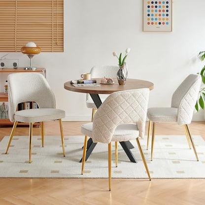 Modern Dining Chair Set of 4, Beige Boucle Accent Chairs with Golden Metal Legs, Upholstered Back Side Chairs for Kitchen Living Room Bedroom