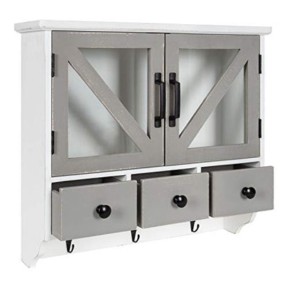 Hutchins Decorative Rustic Wood Wall Cabinet, 21" x 6" x 20", White and Gray, Farmhouse Decor Organizer with Magnetic Doors and Three Drawers