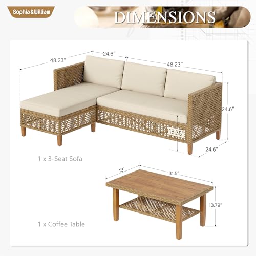 Outdoor Rattan Sofa Set with Thick Cushions & Coffee Table, Weather-Resistant Patio Furniture Set Sectional Couch for Patio Backyard Deck(Beige)