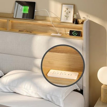 Queen Bed Frame with 51.8" Wingback Bookcase Storage Headboard, Cream Beige Upholstered Platform Bed with Charging Station (Type-C) & LED Lights, No Box Spring Needed, Cream Aesthetic